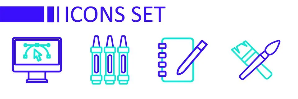 Set line Paint brush, Notebook, Wax crayons for drawing and Computer with d.. 스톡 일러스트