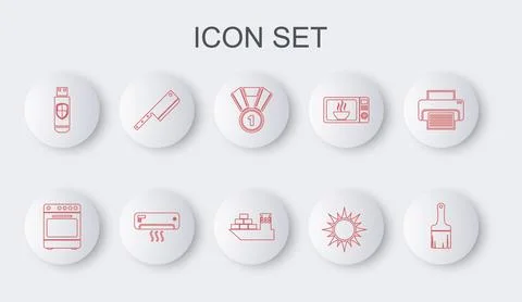 Set line Paint brush, Oven, Medal, Sun, USB flash drive and shield, Meat ch.. Stock Illustration
