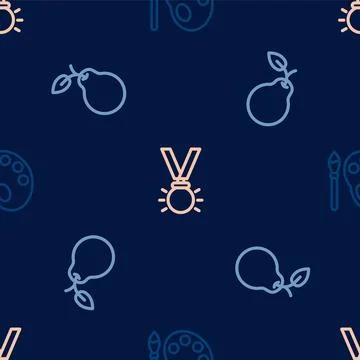 Set line Paint brush with palette, Pear and Medal on seamless pattern. Vector Stockillustratie