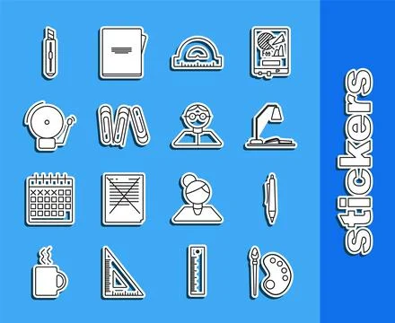 Set line Paint brush with palette, Pen, Workplace table lamp and open book Stock Illustration