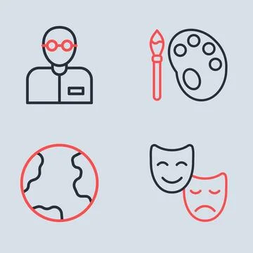 Set line Paint brush with palette, Earth globe, Comedy and tragedy masks an.. Stock Illustration