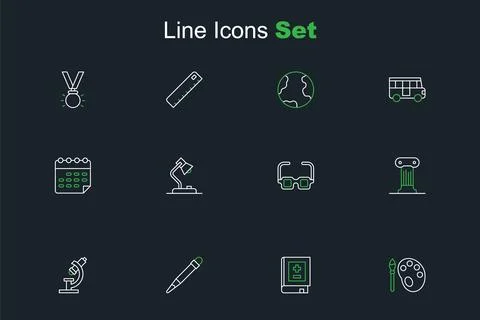 Set line Paint brush with palette, Book mathematics, Pencil eraser, Microsc.. Stock Illustration