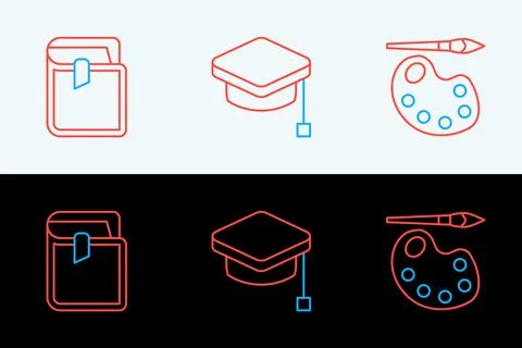 Set line Paint brush with palette, Book and Graduation cap icon. Vector Stock Illustration