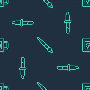 Set line Paint brush, Pipette and Coffee cup on seamless pattern. Vector Stock Illustration
