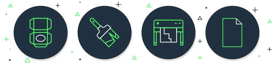 Set line Paint brush, Plotter, Carton cardboard box and Empty document icon.. Ilustración de archivo