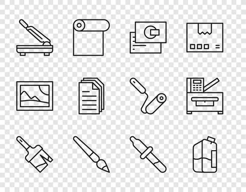 Set line Paint brush, Printer ink bottle, Business card, Paper cutter, File イラスト素材
