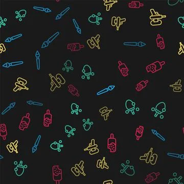 Set line Paint brush, Racket, Water gun and Ice cream on seamless pattern Stock Illustration