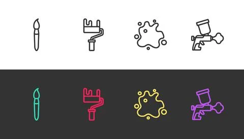Set line Paint brush, roller, spray and gun on black and white. Vector イラスト素材