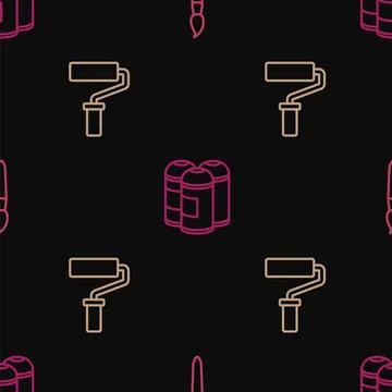 Set line Paint brush, roller and spray can on seamless pattern. Vector Stock Illustration