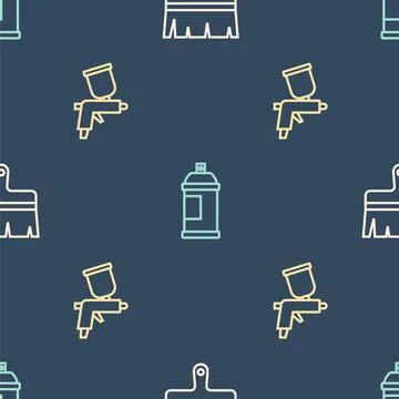 Set line Paint brush, spray gun and can on seamless pattern. Vector Stock Illustration
