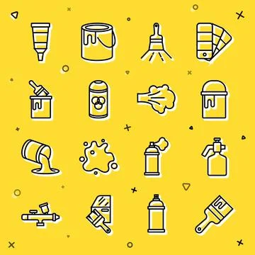 Set line Paint brush, spray gun, bucket, can, with, Tube paint palette and icon Stock-Illustration