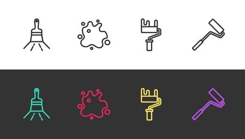 Set line Paint brush, spray, roller and on black and white. Vector Illustrazione stock