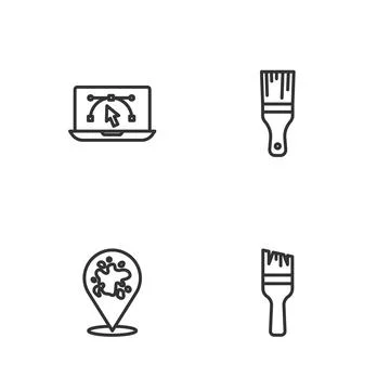 Set line Paint brush, spray, Computer with design program and  icon. Vector Stock Illustration