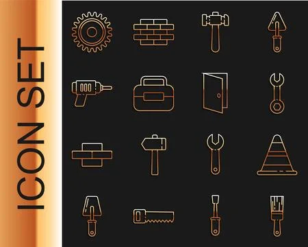 Set line Paint brush, Traffic cone, Wrench spanner, Hammer, Toolbox, Electr.. Stock Illustration
