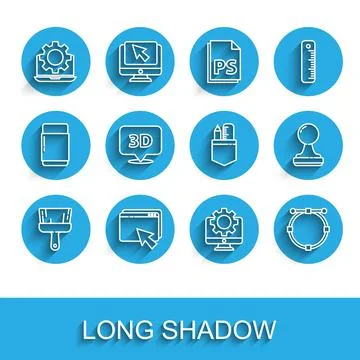 Set line Paint brush, Web design and development, Laptop gear, Computer monitor 스톡 일러스트