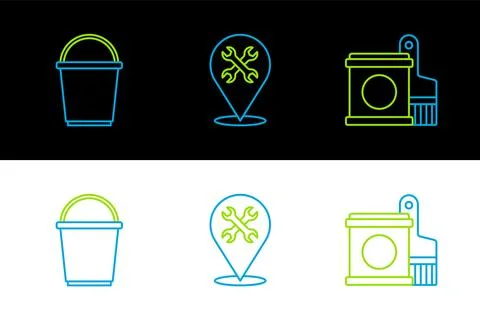 Set line Paint bucket and brush, Bucket and Location with wrench icon. Vector Stock Illustration