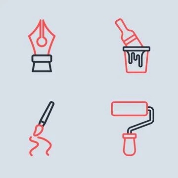 Set line Paint bucket with brush, roller and Fountain pen nib icon. Vector Illustration