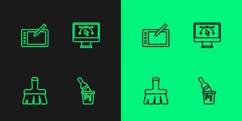 Set line Paint bucket with brush, Graphic tablet and Computer design progra.. Illustrazione stock