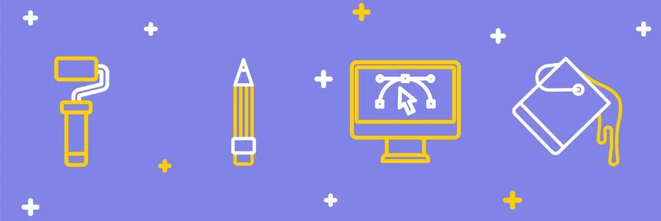 Set line Paint bucket, Computer with design program, Pencil eraser and roll.. 스톡 일러스트