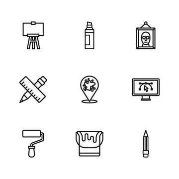 Set line Paint bucket, Computer with design program, Pencil eraser, spray, .. 스톡 일러스트