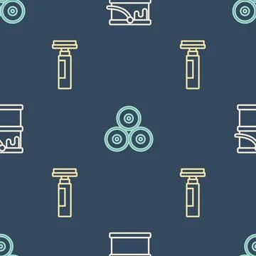 Set line Paint bucket, Marker pen and spray can on seamless pattern. Vector Illustrazione stock