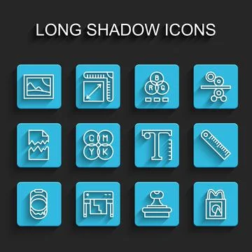 Set line Paint bucket, Plotter, Picture landscape, Stamp, Paper shopping bag Stockillustratie