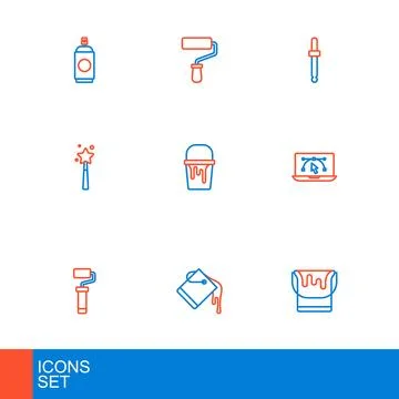 Set line Paint bucket, roller brush, Computer with design program, Magic wa.. Stock-Illustration