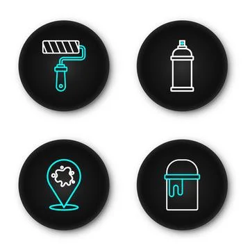 Set line Paint bucket, spray, can and roller brush icon. Vector Stock Illustration