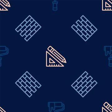 Set line Paint roller brush, Bricks and Triangular ruler and pencil on seamless Stock Illustration