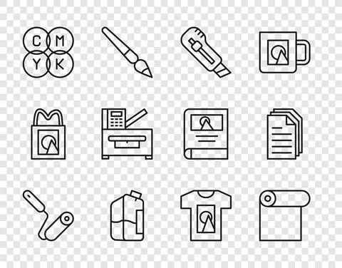 Set line Paint roller brush, Roll of paper, Stationery knife, Printer ink bottle Stock Illustration