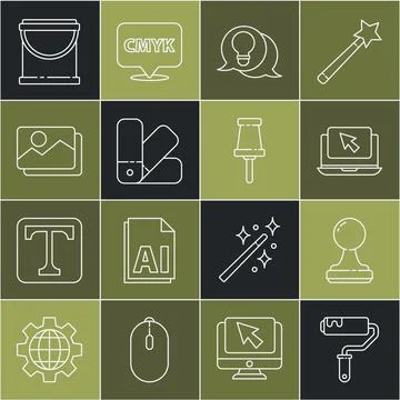 Set line Paint roller brush, Stamp, Laptop and cursor, Light bulb with concept Stock Illustration