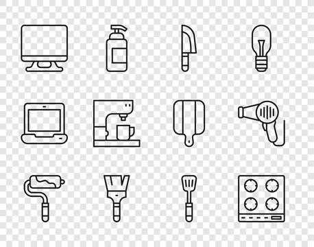 Set line Paint roller brush, Gas stove, Knife, Smart Tv, Coffee machine, Spatula Stock Illustration