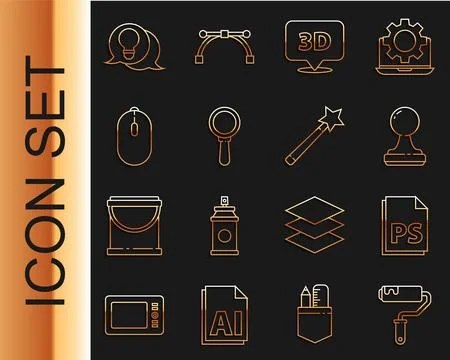 Set line Paint roller brush, PS File document, Stamp, Speech bubble with text 3D Stock Illustration