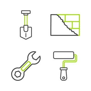 Set line Paint roller brush, Wrench spanner, Bricks and Shovel icon. Vector Stock Illustration