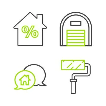 Set line Paint roller brush, House building speech bubble, Warehouse and with Ilustración de archivo