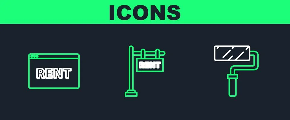 Set line Paint roller brush, Hanging sign with text Online Rent and icon. Vector Ilustración de archivo