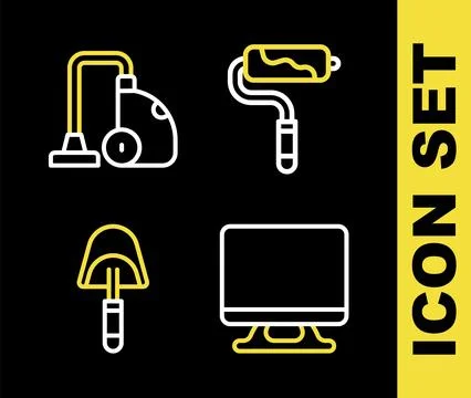Set line Paint roller brush, Smart Tv, Spatula and Vacuum cleaner icon. Vector Stock Illustration