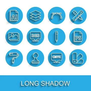 Set line Paint roller brush, Stamp, AI file document, Speech bubble with text Stock Illustration