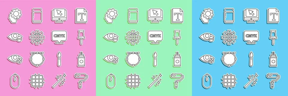 Set line Paint roller brush, spray can, Push pin, Computer monitor and cursor Stock Illustration