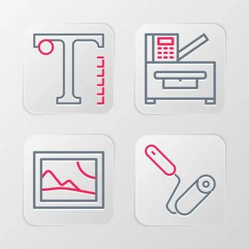 Set line Paint roller brush, Picture landscape, Copy machine and Text icon Stock Illustration