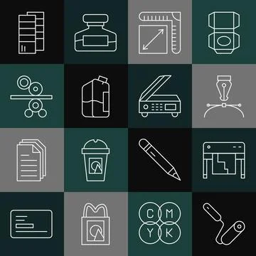 Set line Paint roller brush, Plotter, Fountain pen nib, Paper size, Printer ink 스톡 일러스트