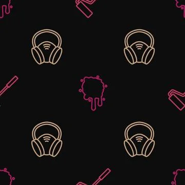 Set line Paint roller brush, Gas mask and spray on seamless pattern. Vector Illustrazione stock