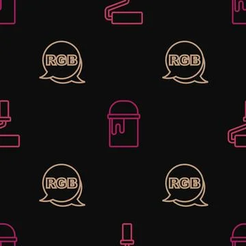 Set line Paint roller brush, RGB and bucket on seamless pattern. Vector Stock Illustration