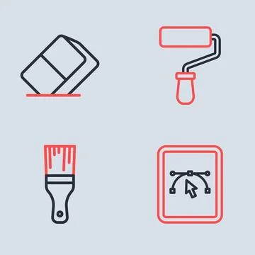 Set line Paint roller brush Computer with design program and Eraser or rubber Stock Illustration