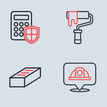 Set line Paint roller brush Brick Worker safety helmet and Security keypad ac Illustrazione stock