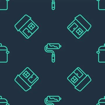 Set line Paint roller brush, House and Cooking pot on seamless pattern. Vecto Stock Illustration