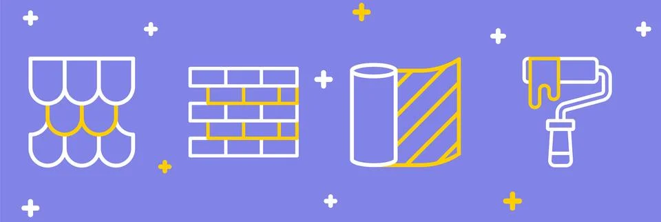 Set line Paint roller brush, Wallpaper, Bricks and Roof tile icon. Vector Stock Illustration