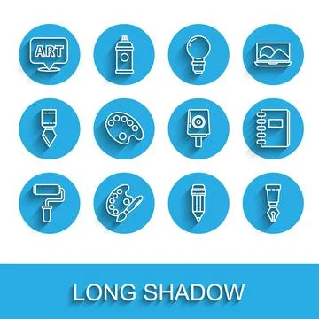 Set line Paint roller brush, with palette, Speech bubble text art, Pencil e.. Stock Illustration
