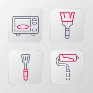 Set line Paint roller brush, Spatula,  and Microwave oven icon. Vector Stock Illustration