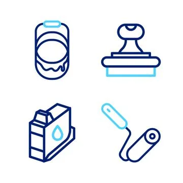 Set line Paint roller brush, Printer ink cartridge, Stamp and bucket icon. .. Stock Illustration